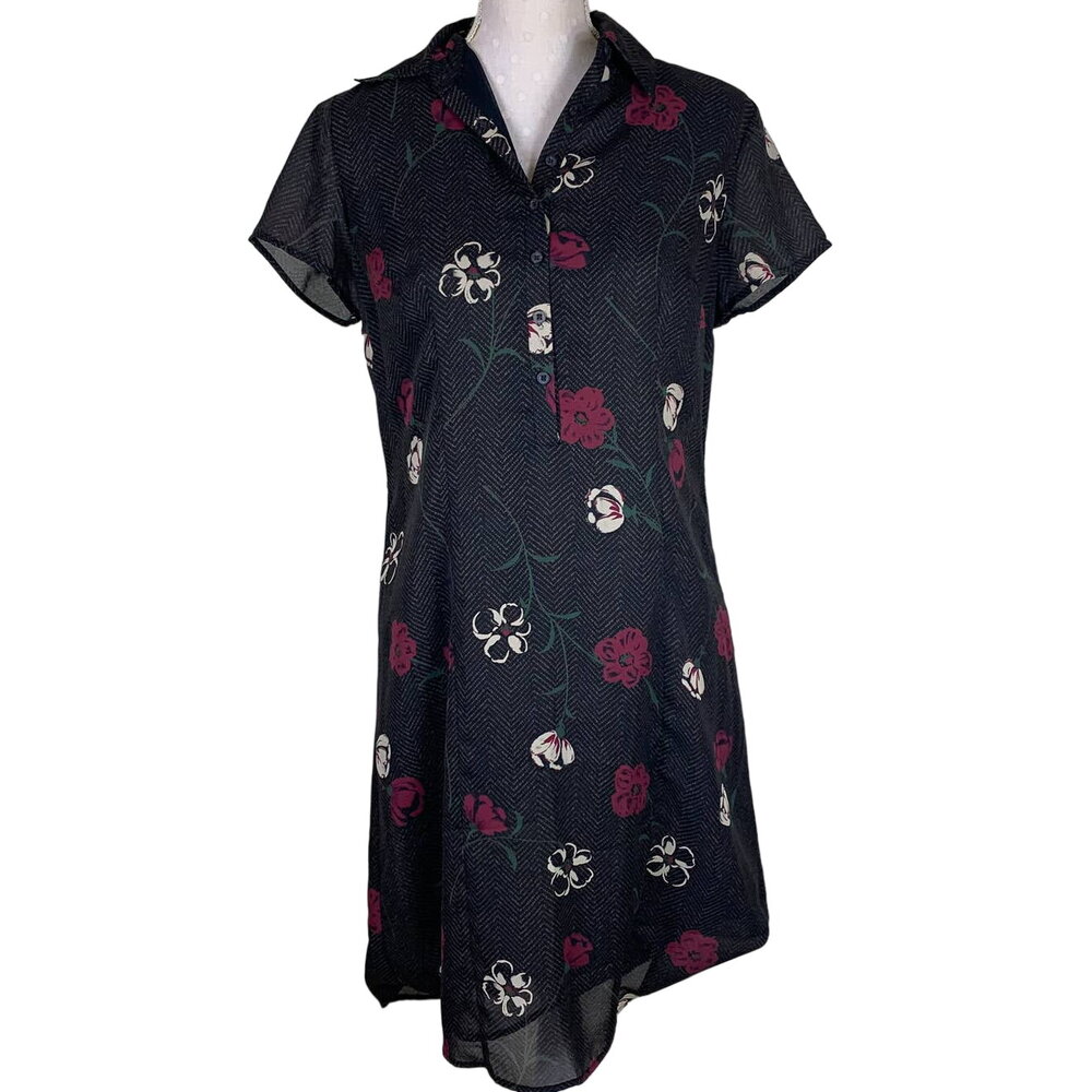 Vintage 90s Shirt Dress S Black Floral Merona Button Front A-Line
